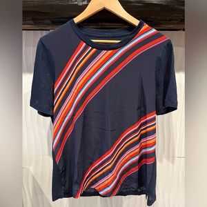 NWT Size L Tory Burch Silk-Front T-Shirt in navy